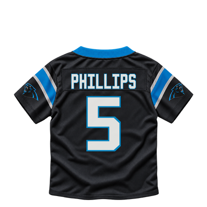 Carolina Panthers jersey keychain — Jaelan Phillips #5. Exact saved player artwork preview.