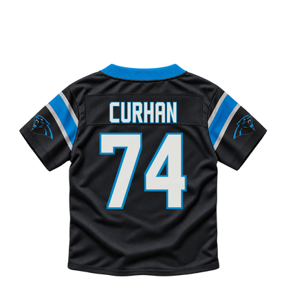 Carolina Panthers jersey keychain — Jake Curhan #74. Exact saved player artwork preview.