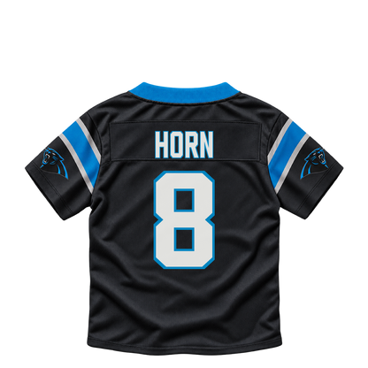 Carolina Panthers jersey keychain — Jaycee Horn #8. Exact saved player artwork preview.