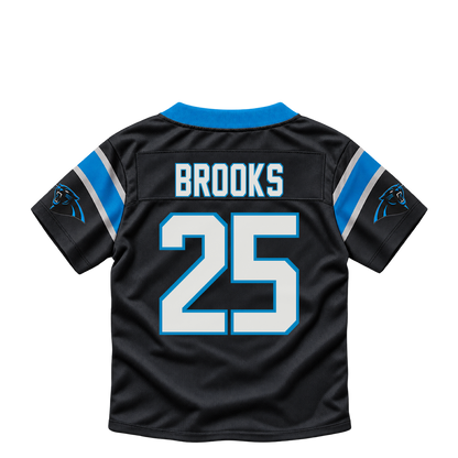 Carolina Panthers jersey keychain — Jonathon Brooks #25. Exact saved player artwork preview.