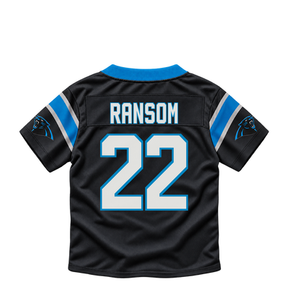 Carolina Panthers jersey keychain — Lathan Ransom #22. Exact saved player artwork preview.