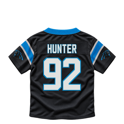 Carolina Panthers jersey keychain — Lee Hunter #92. Exact saved player artwork preview.