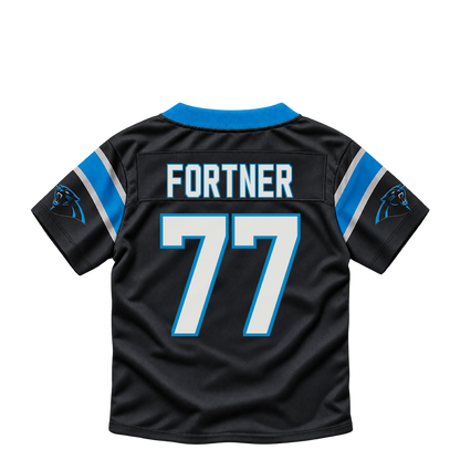 Carolina Panthers jersey keychain — Luke Fortner #77. Exact saved player artwork preview.
