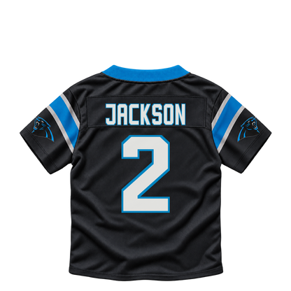Carolina Panthers jersey keychain — Mike Jackson #2. Exact saved player artwork preview.