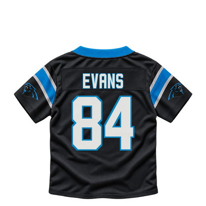 Carolina Panthers jersey keychain — Mitchell Evans #84. Exact saved player artwork preview.