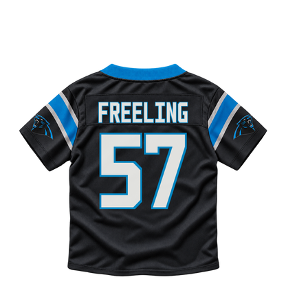 Carolina Panthers jersey keychain — Monroe Freeling #57. Exact saved player artwork preview.