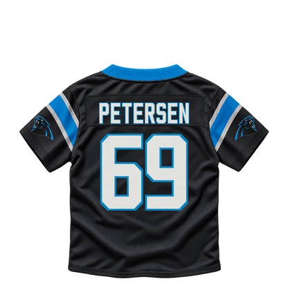 Carolina Panthers jersey keychain — Parker Petersen #69. Exact saved player artwork preview.