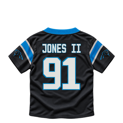 Carolina Panthers jersey keychain — Patrick Jones II #91. Exact saved player artwork preview.