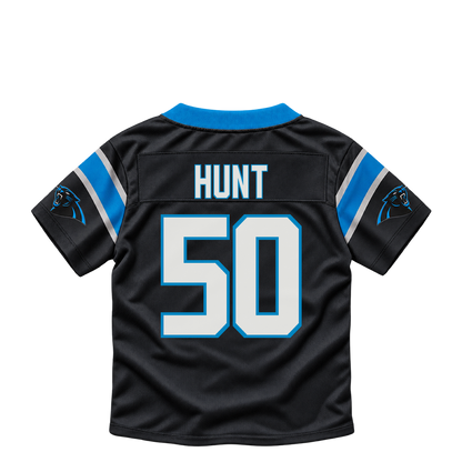 Carolina Panthers jersey keychain — Robert Hunt #50. Exact saved player artwork preview.