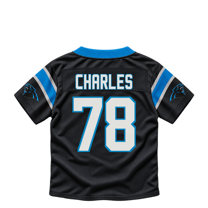 Carolina Panthers jersey keychain — Saahdiq Charles #78. Exact saved player artwork preview.
