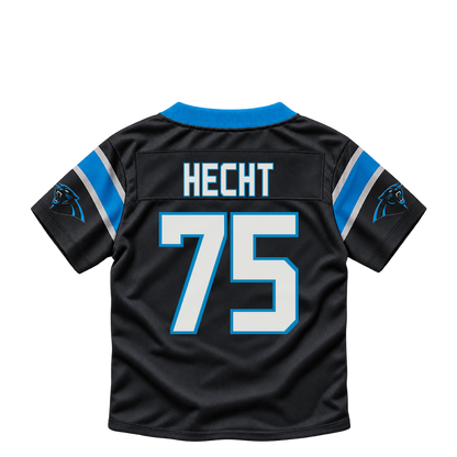 Carolina Panthers jersey keychain — Sam Hecht #75. Exact saved player artwork preview.