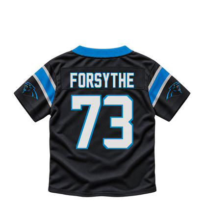 Carolina Panthers jersey keychain — Stone Forsythe #73. Exact saved player artwork preview.
