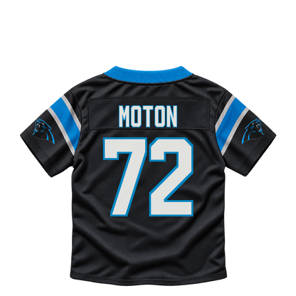 Carolina Panthers jersey keychain — Taylor Moton #72. Exact saved player artwork preview.