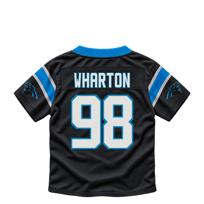 Carolina Panthers jersey keychain — Tershawn Wharton #98. Exact saved player artwork preview.