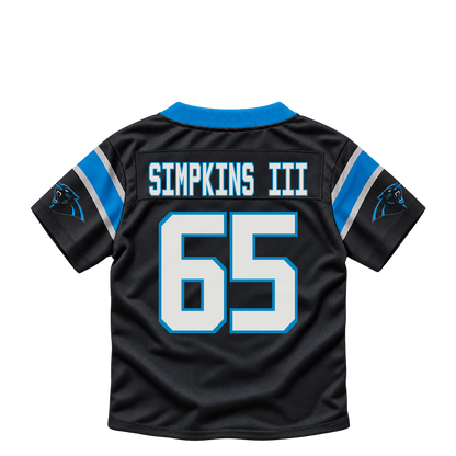 Carolina Panthers jersey keychain — Torricelli Simpkins III #65. Exact saved player artwork preview.