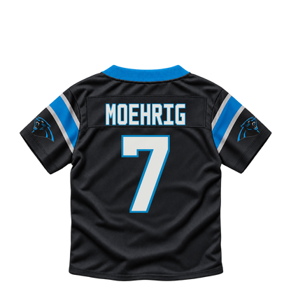 Carolina Panthers jersey keychain — Tre'von Moehrig #7. Exact saved player artwork preview.