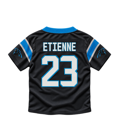 Carolina Panthers jersey keychain — Trevor Etienne #23. Exact saved player artwork preview.