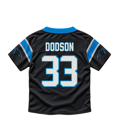 Carolina Panthers jersey keychain — Tyrel Dodson #33. Exact saved player artwork preview.