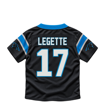 Carolina Panthers jersey keychain — Xavier Legette #17. Exact saved player artwork preview.
