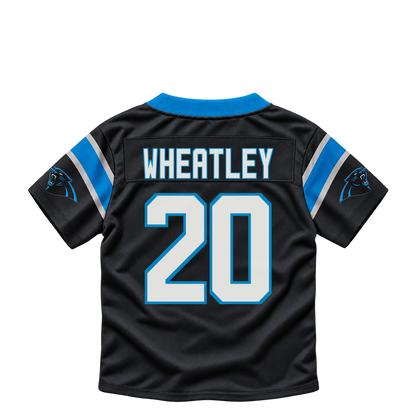 Carolina Panthers jersey keychain — Zakee Wheatley #20. Exact saved player artwork preview.