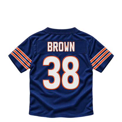 Chicago Bears jersey keychain — Brittain Brown #38. Exact saved player artwork preview.