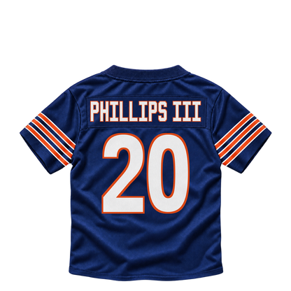 Chicago Bears jersey keychain — Clark Phillips III #20. Exact saved player artwork preview.