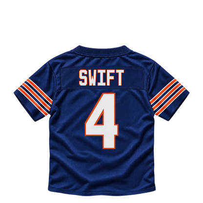 Chicago Bears jersey keychain — D'Andre Swift #4. Exact saved player artwork preview.