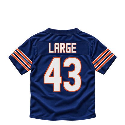Chicago Bears jersey keychain — Hayden Large #43. Exact saved player artwork preview.