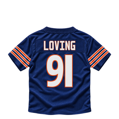 Chicago Bears jersey keychain — Jayden Loving #91. Exact saved player artwork preview.