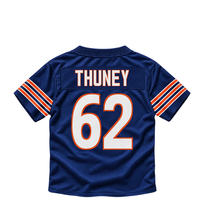 Chicago Bears jersey keychain — Joe Thuney #62. Exact saved player artwork preview.