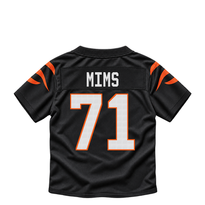 Cincinnati Bengals jersey keychain — Amarius Mims #71. Exact saved player artwork preview.