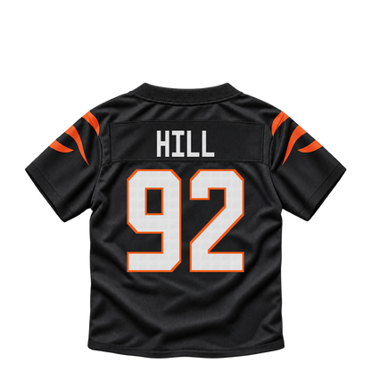 Cincinnati Bengals jersey keychain — B.J. Hill #92. Exact saved player artwork preview.
