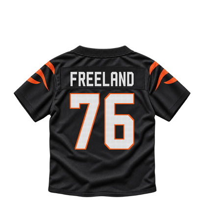 Cincinnati Bengals jersey keychain — Blake Freeland #76. Exact saved player artwork preview.