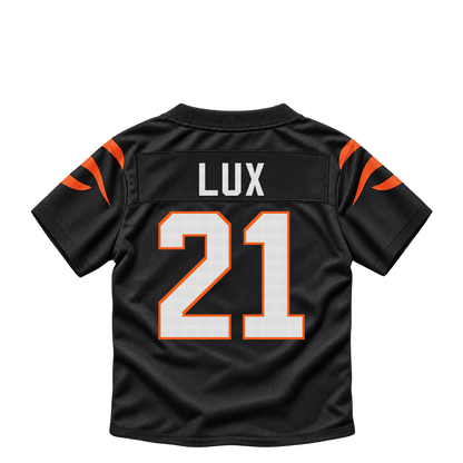 Cincinnati Bengals jersey keychain — Bralyn Lux #21. Exact saved player artwork preview.