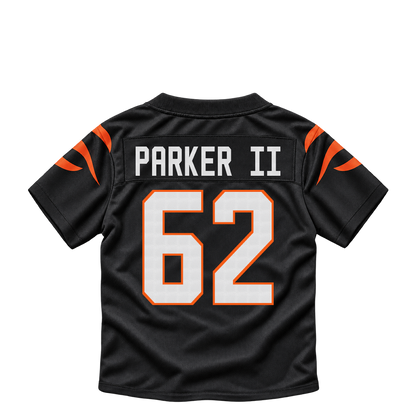 Cincinnati Bengals jersey keychain — Brian Parker II #62. Exact saved player artwork preview.