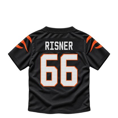 Cincinnati Bengals jersey keychain — Dalton Risner #66. Exact saved player artwork preview.