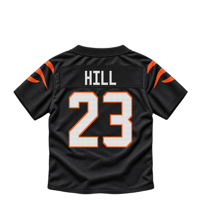 Cincinnati Bengals jersey keychain — Dax Hill #23. Exact saved player artwork preview.