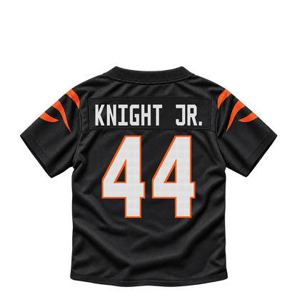 Cincinnati Bengals jersey keychain — Demetrius Knight Jr. #44. Exact saved player artwork preview.