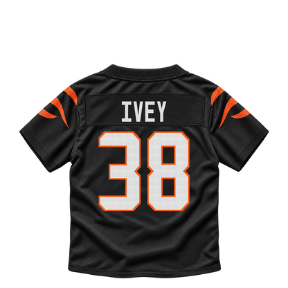 Cincinnati Bengals jersey keychain — DJ Ivey #38. Exact saved player artwork preview.