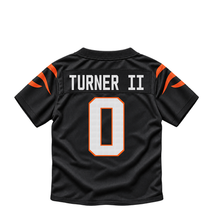 Cincinnati Bengals jersey keychain — DJ Turner II #0. Exact saved player artwork preview.