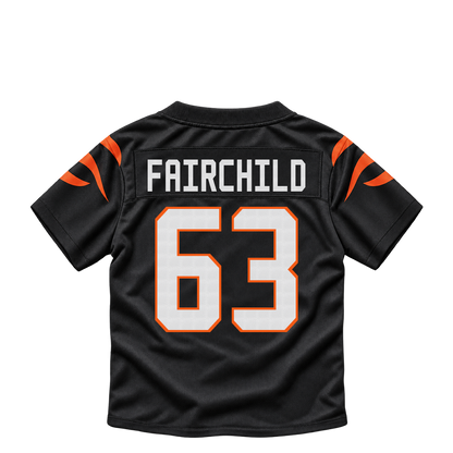 Cincinnati Bengals jersey keychain — Dylan Fairchild #63. Exact saved player artwork preview.