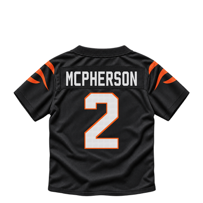 Cincinnati Bengals jersey keychain — Evan McPherson #2. Exact saved player artwork preview.