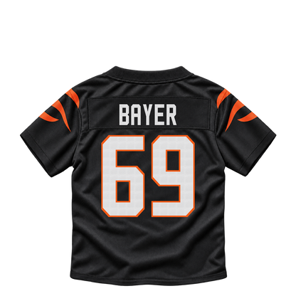 Cincinnati Bengals jersey keychain — Jacob Bayer #69. Exact saved player artwork preview.