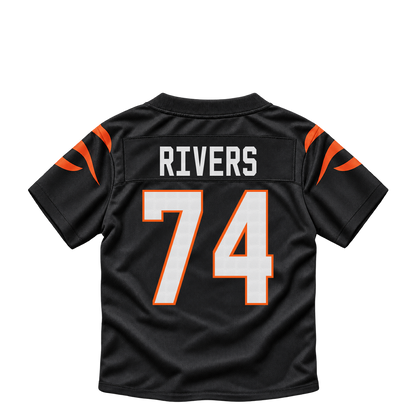 Cincinnati Bengals jersey keychain — Jalen Rivers #74. Exact saved player artwork preview.