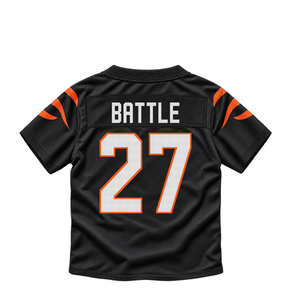 Cincinnati Bengals jersey keychain — Jordan Battle #27. Exact saved player artwork preview.