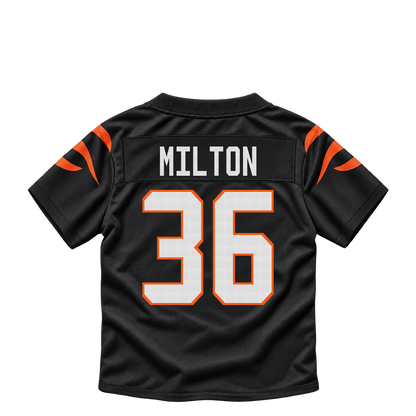 Cincinnati Bengals jersey keychain — Kendall Milton #36. Exact saved player artwork preview.