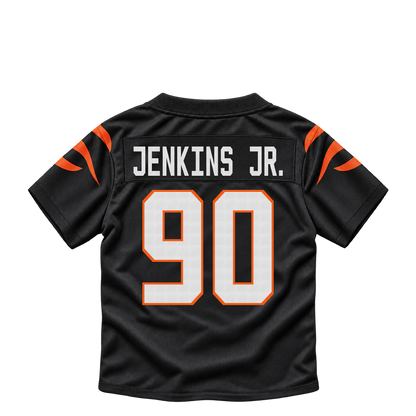 Cincinnati Bengals jersey keychain — Kris Jenkins Jr. #90. Exact saved player artwork preview.