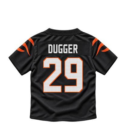 Cincinnati Bengals jersey keychain — Kyle Dugger #29. Exact saved player artwork preview.