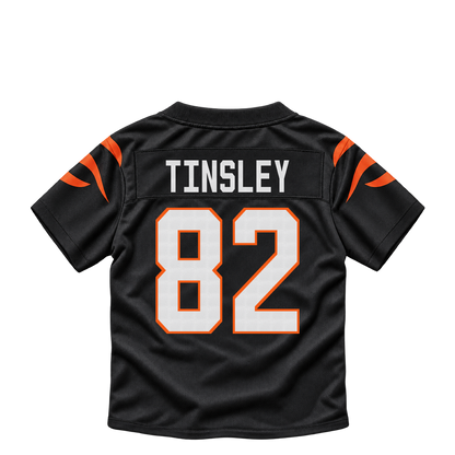 Cincinnati Bengals jersey keychain — Mitch Tinsley #82. Exact saved player artwork preview.