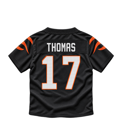 Cincinnati Bengals jersey keychain — Noah Thomas #17. Exact saved player artwork preview.